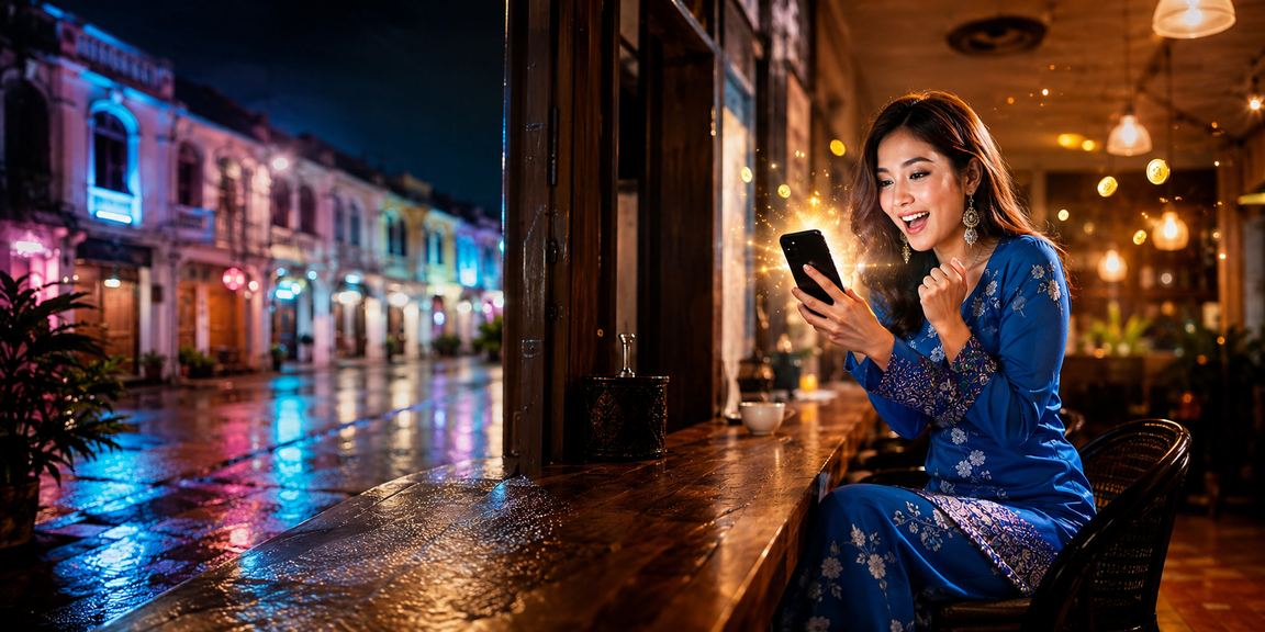 A woman in baju kurung using her mobile phone to bet in Ipoh, Malaysia